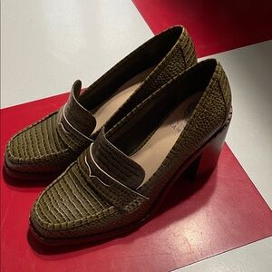 Green Vince Camuto Olive Crocodile/Textured Heeled Loafers